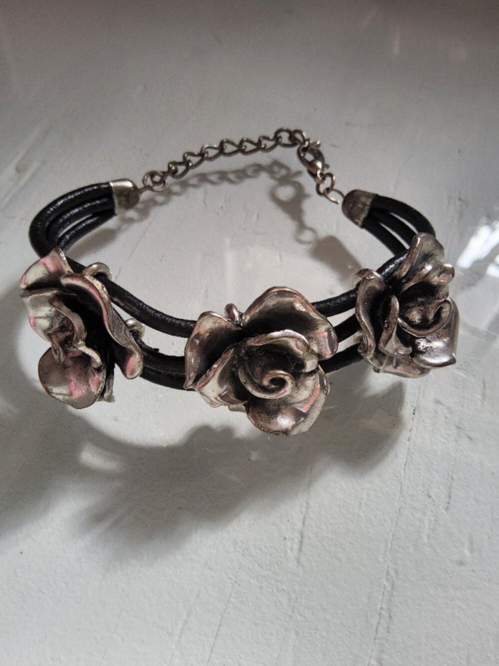 Vintage Black Leather Bracelet with Beautiful  Silver Rose Charms